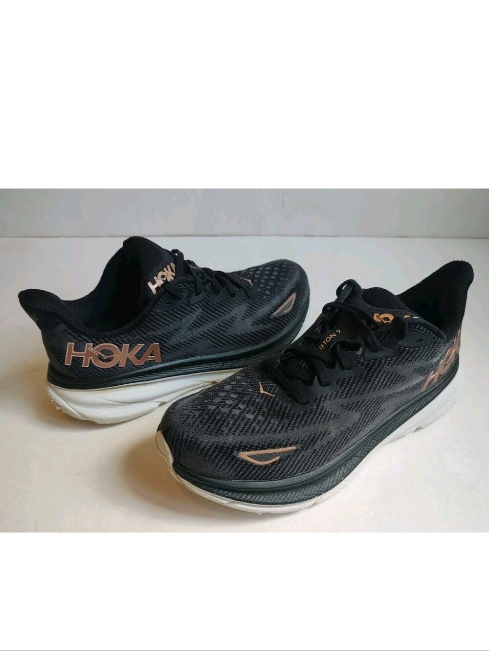 Hoka Clifton 9 Running Black Rose Gold Sneakers Run Women Mesh Shoes Lace Up 8.5